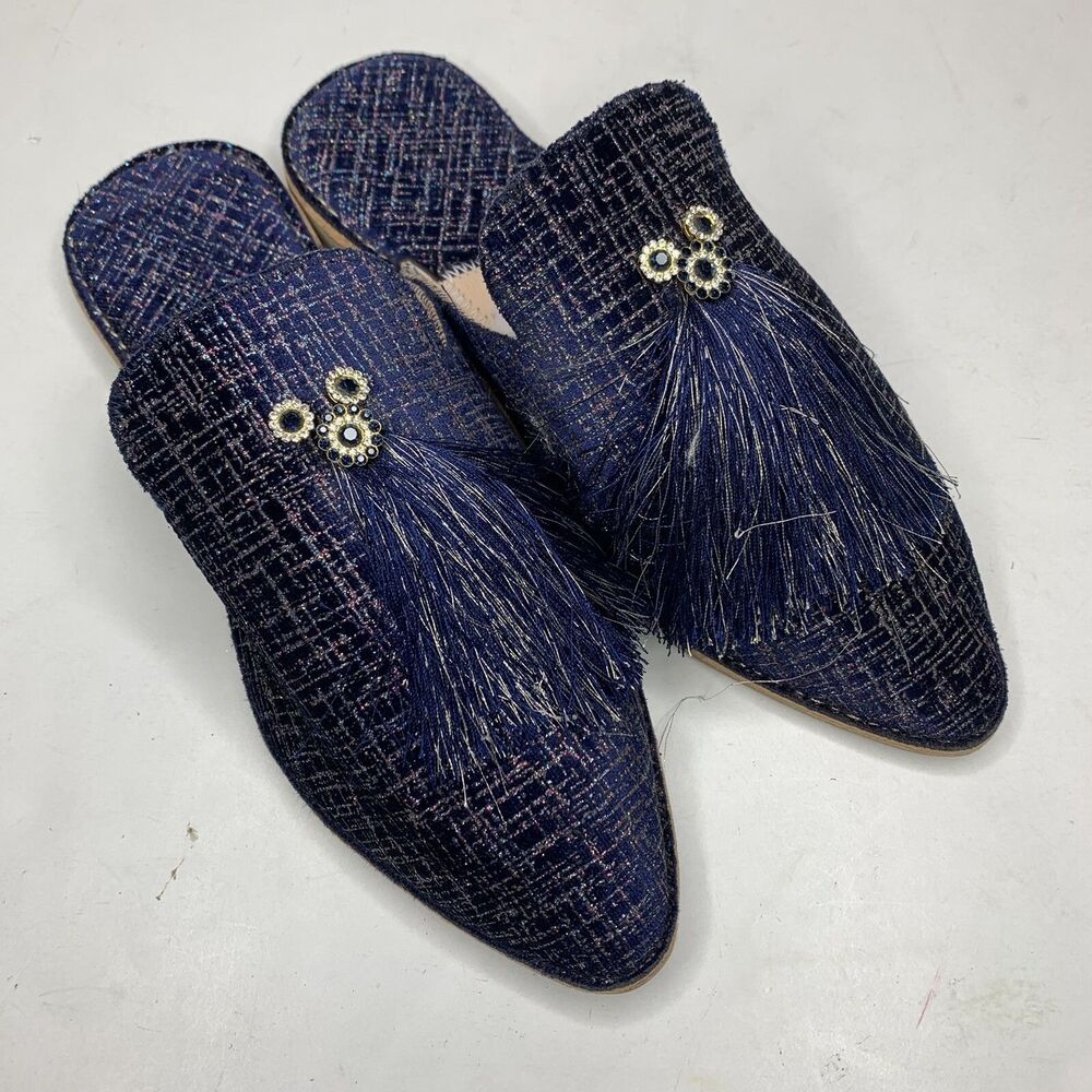 Moroccan Navy Blue Metallic Leather Slippers Shoes Babouches Women’s SZ 7.5 NEW